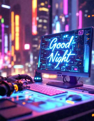 Good Night: A computer monitor with a neon sign that says "Good Night" on it. The monitor is placed on a desk.
