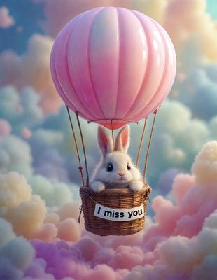 The primary subject of the image is a small bunny sitting in a basket that is suspended in the air. The setting is a cloudy sky, and the visual style appears to be a combination of photo and digital art. The dominant colors are pink and white, creating a soft and whimsical atmosphere.