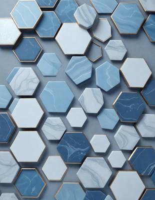 The primary subject of the image is a blue and white marble wall with a pattern of hexagonal tiles. The setting is a room with a blue and white marble wall, which serves as the background. The visual style is a combination of a photo and digital art, creating a unique and intricate pattern. The dominant colors are blue and white, giving the wall a clean and elegant appearance.