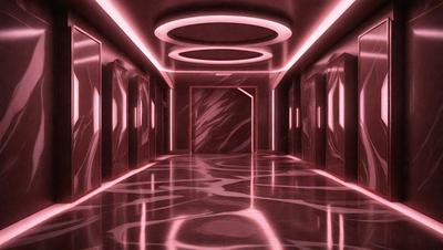 The primary subject of the image is a hallway with a pink lighting effect. The setting is a dark room with a pink glow, creating a unique atmosphere. The visual style appears to be a combination of digital art and illustration, with a focus on the pink lighting. The colors and mood of the image are predominantly pink, giving it a warm and inviting feel.