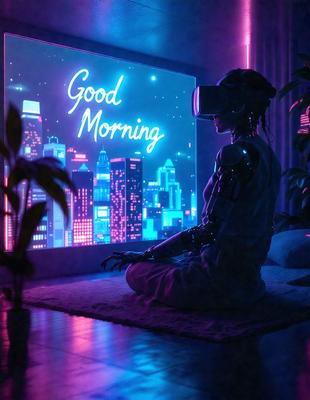 The primary subject of the image is a woman sitting on a couch, wearing a VR headset. She is looking at a neon sign that reads "Good Morning." The setting is a room with a potted plant nearby. The visual style is a digital art or illustration, with a vibrant and futuristic atmosphere. The colors are predominantly neon, creating a unique and captivating scene.