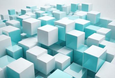 The primary subject of the image is a three-dimensional display of blue and white cubes. The setting is a white background, which provides a clean and minimalist appearance. The visual style is a combination of digital art and illustration, creating a unique and intricate design. The dominant colors are blue and white, giving the display a modern and sophisticated feel.