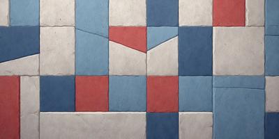 The primary subject of the image is a blue, red, and white square, which is a part of a larger blue, red, and white pattern. The setting is a stone wall, and the visual style appears to be a combination of digital art and illustration. The colors and mood of the image are vibrant and energetic, with the blue, red, and white colors creating a lively and dynamic atmosphere.