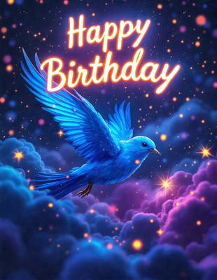 Happy birthday: [the main object, scene, or focus of the image is a blue bird with a birthday message]

Setting/background: [the environment, backdrop, or surface is a purple and blue cloudy sky]

Visual style: [the image is a digital art or illustration]

Colors and mood: [dominant colors are blue and purple, creating a warm and celebratory atmosphere]
