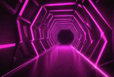 The primary subject of the image is a long, narrow tunnel with a pink lighting effect. The tunnel appears to be made of metal and has a futuristic, neon-lit ambiance. The setting is a dark room, and the visual style is a combination of a photo and digital art. The dominant colors are pink and purple, creating a unique and captivating atmosphere.