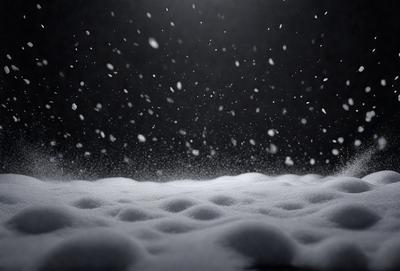 The primary subject of the image is a snowy scene with a black background. The setting appears to be a winter landscape, possibly a snowy mountain or a snow-covered field. The visual style of the image is a black and white photo, which adds a sense of nostalgia and timelessness to the scene. The dominant colors are black and white, and the overall atmosphere is serene and peaceful.