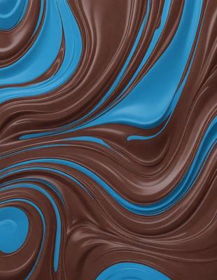 The primary subject of the image is a close-up of a chocolate-covered cake with a blue swirl. The cake is displayed on a blue surface, which adds a vibrant touch to the scene. The visual style of the image is a combination of a photo and digital art, creating a unique and appealing presentation. The dominant colors in the image are blue and brown, which contribute to a rich and indulgent atmosphere.