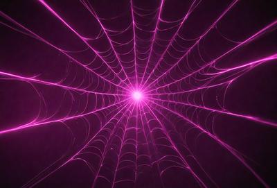 The primary subject of the image is a close-up of a spider web, with a purple hue. The setting is a dark room, and the visual style appears to be a digital art or illustration. The dominant colors are purple and pink, creating a moody and mysterious atmosphere.