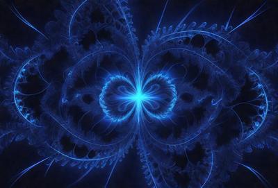 The primary subject of the image is a blue butterfly with a blue background. The visual style appears to be a digital art or illustration, as the butterfly is depicted in a complex and intricate pattern. The colors and mood of the image are predominantly blue, creating a serene and calming atmosphere.