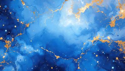 The primary subject of the image is a blue and gold painting of a starry night sky. The setting is a night sky filled with stars, creating a serene and peaceful atmosphere. The visual style is a painting, which showcases the artist's skill in capturing the beauty of the night sky. The colors and mood are predominantly blue and gold, with the blue representing the night sky and the gold representing the stars.