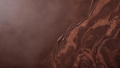 The primary subject of the image is a brown leather surface with a pattern of swirls and drips. The setting is a dark background, which contrasts with the leather surface. The visual style is a close-up of the leather, showcasing its texture and pattern. The colors and mood of the image are dark and moody, with the brown leather and swirls creating a sense of depth and intrigue.