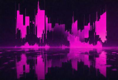 The primary subject of the image is a cityscape, featuring a large building with a pinkish hue. The setting is a dark, purple-tinted environment, which creates a moody atmosphere. The visual style of the image is a combination of digital art and illustration, with the cityscape being depicted in a unique and artistic manner. The colors and mood of the image are predominantly dark and mysterious, with the pinkish hue of the building standing out against the purple
