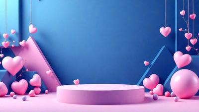The primary subject of the image is a pink table with hearts on it. The table is placed in front of a blue wall, creating a visually appealing contrast between the pink and blue colors. The visual style of the image is a combination of photo and digital art, giving it a unique and creative appearance. The overall atmosphere of the image is warm, inviting, and playful, with the hearts adding a touch of whimsy and joy to the scene.
