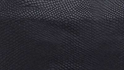 The primary subject of the image is a close-up of a black leather material. The setting is a black background, which provides a contrasting and dramatic effect. The visual style is a close-up of the leather material, showcasing its texture and details. The colors and mood of the image are predominantly dark and moody, with the black leather material serving as the focal point.