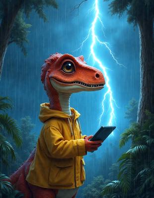 The primary subject of the image is a cartoon dinosaur, specifically a T-Rex, wearing a yellow jacket and holding a cell phone. The setting is a forest, with trees visible in the background. The visual style is digital art, as the image is a computer-generated illustration. The colors and mood of the image are vibrant and lively, with the T-Rex and its surroundings depicted in a fun and engaging manner.