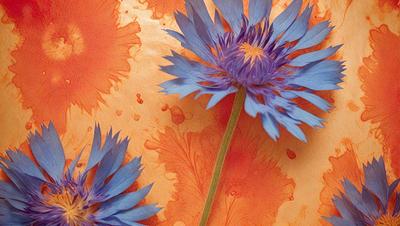 The primary subject of the image is a purple flower with a green stem, which is placed on a red and orange background. The visual style of the image is a combination of photo and digital art, creating a vibrant and colorful scene. The dominant colors in the image are purple, orange, and red, which contribute to a lively and energetic atmosphere.