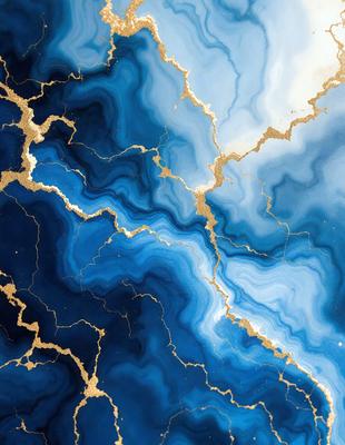 The primary subject of the image is a blue and gold marbled stone. The setting is a blue and gold marbled stone wall, which serves as the background. The visual style is a close-up of the marbled stone, showcasing its unique texture and color patterns. The colors and mood of the image are predominantly blue and gold, creating a sense of elegance and sophistication.