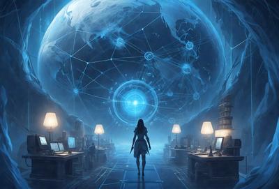 The primary subject of the image is a woman walking down a hallway. She is the main focus of the scene. The setting is an office environment, with a desk and multiple computer monitors visible in the background. The visual style is a digital art or illustration, creating a futuristic and technological atmosphere. The colors and mood are predominantly blue, giving the scene a calm and serene vibe.