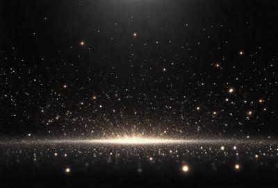 The primary subject of the image is a bright, shining star in the middle of a dark, star-filled sky. The setting is a black background, which contrasts with the bright star. The visual style is a photo, capturing the beauty of the star and its surroundings. The colors and mood of the image are predominantly dark, with the star being the main source of light and brightness.