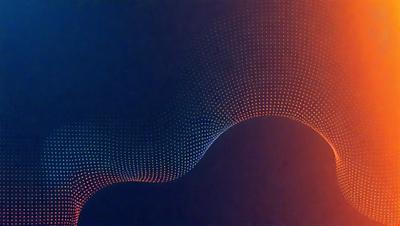 The primary subject of the image is a blue and orange background with a pattern of dots. The setting appears to be a dark room, and the visual style is a digital art or illustration. The dominant colors are blue and orange, creating a vibrant and energetic atmosphere.