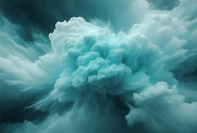 The primary subject of the image is a large, swirling cloud with a blue hue. The cloud is surrounded by a dark blue sky, creating a dramatic and moody atmosphere. The visual style of the image is a combination of photo and digital art, as it appears to be a close-up of the cloud with a slightly distorted appearance. The colors and mood of the image are predominantly dark and dramatic, with the blue hue of the cloud standing out against the darker background.