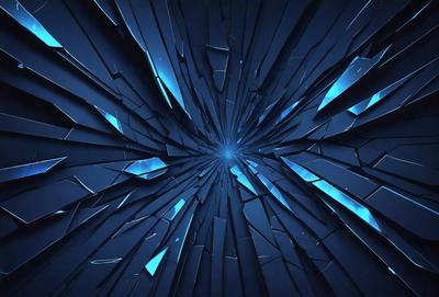 The primary subject of the image is a blue, circular, and shattered glass-like structure. The setting is a dark, blue background, which creates a contrasting and dramatic effect. The visual style is a combination of digital art and illustration, giving the image a unique and artistic appearance. The colors and mood of the image are predominantly dark and moody, with the blue hue adding a sense of depth and mystery to the scene.