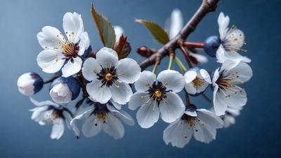 The primary subject of the image is a tree filled with white flowers. The tree is located in a blue sky, creating a serene and peaceful atmosphere. The visual style of the image is a photo, capturing the beauty of the flowers and the sky. The colors and mood of the image are predominantly blue, with the white flowers adding a touch of brightness and elegance to the scene.