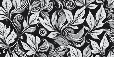 The primary subject of the image is a pattern featuring a combination of white and black leaves. The setting is a black and white background, which adds a classic and elegant touch to the design. The visual style is a mix of digital art and illustration, creating a unique and eye-catching pattern. The dominant colors are black and white, giving the pattern a sophisticated and timeless appearance.