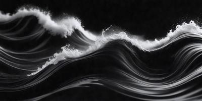 The primary subject of the image is a wave, which is the main object, scene, or focus of the image. The wave is depicted in a black and white style, giving it a classic and timeless appearance. The setting or background of the image is a dark, possibly black, surface, which contrasts with the wave, emphasizing its shape and form. The visual style of the image is a combination of photo and digital art, creating a unique and artistic representation of the wave. The colors and mood of the image are
