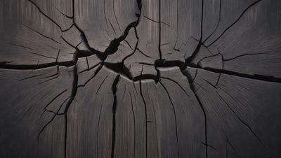 The primary subject of the image is a wooden plank with a large crack in it. The setting is a dark room, and the visual style is a close-up of the wooden plank. The colors and mood of the image are dark and moody, with the crack in the wood being the main focal point.