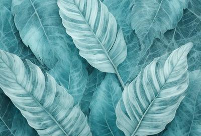 The primary subject of the image is a close-up of a leaf, which is the main object in the scene. The leaf is displayed against a blue background, giving it a vibrant and lively appearance. The visual style of the image is a photo, capturing the intricate details of the leaf. The dominant colors in the image are blue and green, creating a serene and natural atmosphere.