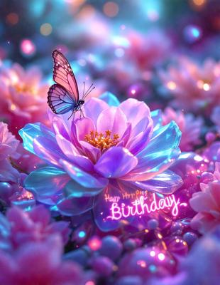 The primary subject of the image is a butterfly sitting on a purple flower. The setting is a vibrant, colorful garden with a variety of flowers. The visual style is a combination of photo and digital art, creating a lively and whimsical atmosphere. The dominant colors are purple and pink, with the butterfly and flowers adding a touch of blue. The overall mood is happy and celebratory, as indicated by the "Happy Birthday" message displayed in the image.