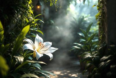 Primary subject: A white flower with yellow tips, surrounded by green leaves.

Setting/background: The flower is located in a garden, surrounded by green plants and a dirt path.

Visual style: The image is a photo of the flower in its natural environment.

Colors and mood: The white flower with yellow tips stands out against the green plants, creating a serene and peaceful atmosphere.