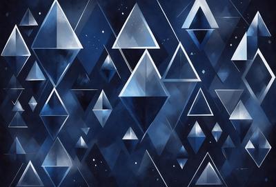 The primary subject of the image is a collection of geometric shapes, specifically triangles, arranged in a pattern. The setting is a dark blue background, which contrasts with the shapes. The visual style is a combination of digital art and illustration, creating a unique and intricate design. The dominant colors are blue and white, giving the image a calm and serene atmosphere.