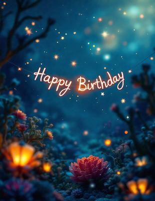 The primary subject of the image is a pink flower with a "Happy Birthday" message written on it. The setting is a forest with a blue sky in the background. The visual style is a digital art, and the dominant colors are pink and blue. The overall atmosphere is celebratory and joyful.