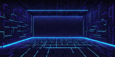 The primary subject of the image is a blue and purple room with a blue and purple floor. The setting is a futuristic environment, possibly a space station or a futuristic room. The visual style is digital art, as the room appears to be a digital rendering. The dominant colors and overall atmosphere are futuristic and space-like, with a sense of depth and intrigue.