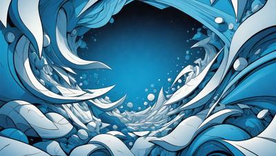 The primary subject of the image is a blue ocean with white and blue waves. The setting is underwater, with a cave-like structure visible in the background. The visual style is a digital art or illustration, creating a vibrant and dynamic scene. The colors and mood are predominantly blue and white, giving the image a serene and calming atmosphere.