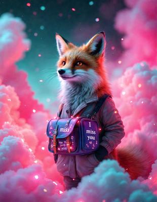 The primary subject of the image is a fox, which is wearing a backpack and standing in a pink and purple cloudy environment. The visual style of the image is digital art, and the colors and mood are vibrant and whimsical.