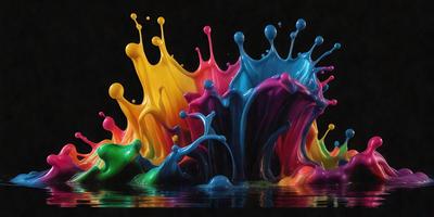 The primary subject of the image is a colorful, swirling, and splashing mass of paint. The setting is a dark background, which contrasts with the vibrant colors of the paint. The visual style is a mix of photo and digital art, creating a dynamic and artistic representation of the paint. The dominant colors are a mix of red, yellow, blue, and green, creating a lively and energetic atmosphere.