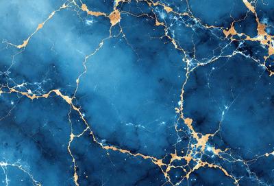 The primary subject of the image is a blue marble wall with gold veins. The setting is a room with a blue background. The visual style is a close-up of the marble wall, showcasing its unique texture and design. The colors and mood of the image are predominantly blue and gold, creating a sense of luxury and elegance.