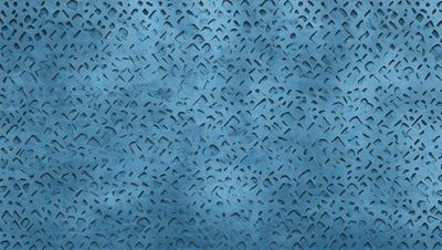 The primary subject of the image is a blue surface with a pattern of holes or dots. The setting is a cloudy sky, which serves as the backdrop for the blue surface. The visual style appears to be a combination of a photo and a digital art or illustration, as the blue surface has a textured appearance. The dominant colors are blue and white, creating a calm and serene atmosphere.