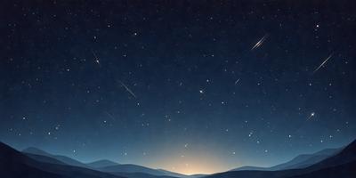 The primary subject of the image is the night sky filled with stars. The setting is a mountainous landscape, with the mountains visible in the background. The visual style is a painting, which creates a serene and peaceful atmosphere. The colors and mood are predominantly dark and tranquil, with the stars and the mountain range providing a sense of depth and beauty.