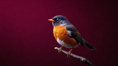 The primary subject of the image is a small bird perched on a branch. The bird is the main focus of the image, and it is positioned in the center of the frame. The setting is a red background, which adds a vibrant and dramatic touch to the scene. The visual style of the image is a close-up of the bird, showcasing its details and colors. The bird has a combination of orange, brown, and black colors, giving it a warm and inviting appearance. The overall atmosphere of the