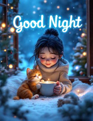 The primary subject of the image is a young girl holding a cup of tea while sitting next to a cat. The setting is a snowy environment, with a Christmas tree visible in the background. The visual style is a digital art illustration, creating a warm and cozy atmosphere. The dominant colors are white, orange, and blue, with the white snow and orange cat creating a striking contrast against the blue cup of tea.