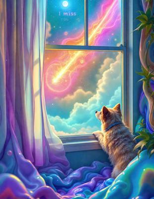 The primary subject of the image is a dog sitting in a window, looking out at the sky. The setting is a room with a window, and the visual style appears to be a digital art or illustration. The colors and mood of the image are predominantly purple and blue, creating a calm and serene atmosphere.