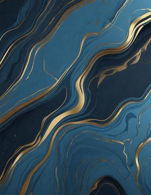 The primary subject of the image is a blue and gold wallpaper with a pattern of gold swirls. The setting is a room with a blue background, and the visual style appears to be a combination of a photo and a digital art or illustration. The dominant colors are blue and gold, creating a calm and elegant atmosphere.