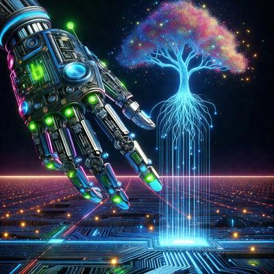 The primary subject of the image is a robotic hand with a tree growing out of it. The setting is a futuristic environment, and the visual style is digital art. The dominant colors are blue, green, and pink, creating a vibrant and lively atmosphere.