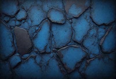 The primary subject of the image is a blue wall with a pattern of rocks on it. The setting is a room with a blue background. The visual style is a combination of a photo and digital art, creating a unique and interesting pattern. The dominant colors are blue and grey, giving the wall a calm and soothing atmosphere.