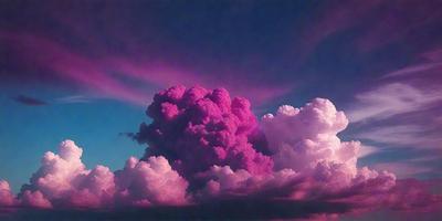 The primary subject of the image is a large, pink cloud in the sky. The cloud is surrounded by a few smaller clouds, creating a visually striking scene. The setting is a cloudy sky, and the visual style appears to be a combination of a photo and digital art. The dominant colors in the image are pink and purple, creating a warm and inviting atmosphere.