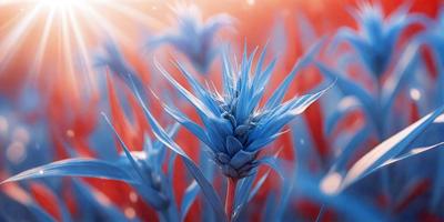 The primary subject of the image is a single blue flower, which is the main focus of the scene. The setting is a field of grass, with the flower standing out against the backdrop. The visual style of the image is a combination of photo and digital art, creating a vibrant and lively atmosphere. The dominant colors in the image are blue and green, with the blue flower being the most prominent feature.